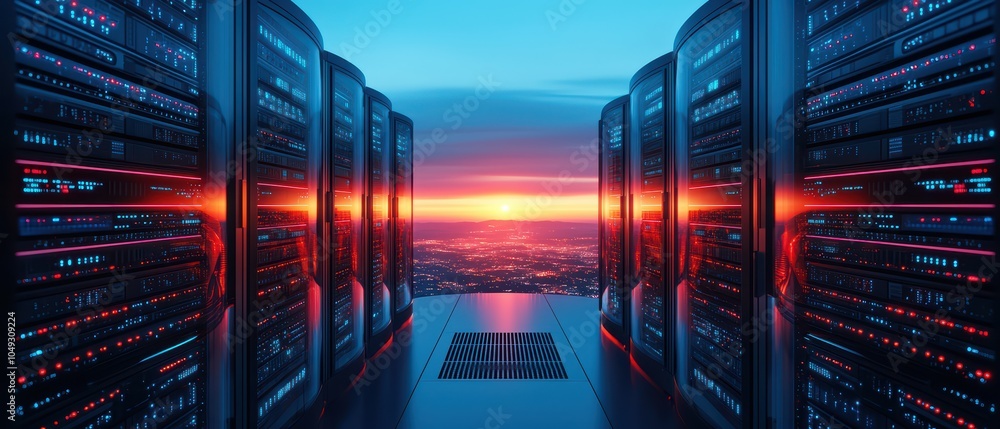 Aufkleber futuristic data center with illuminated servers and sunset view, creating a tech ambiance and modern