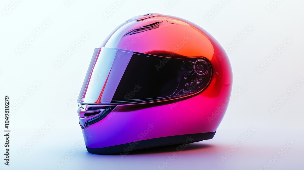 Poster a multi-colored helmet showcasing a gradient effect, blending seamlessly from red to purple, creatin