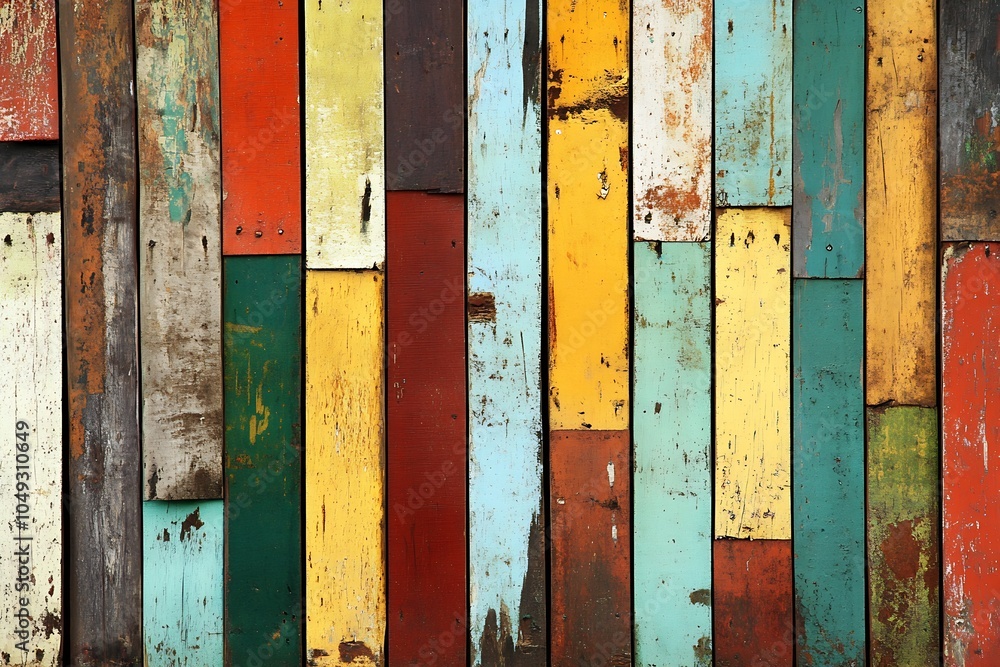Poster Colorful Weathered Timber Boards Creating Rustic Multicolor Background with Vibrant Textures : Generative AI