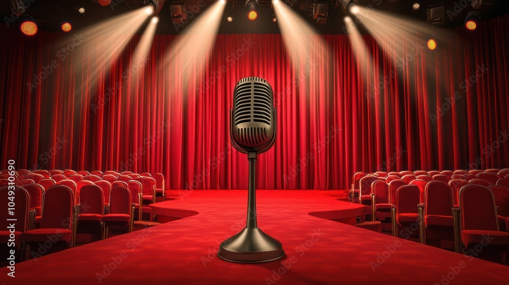 Poster a microphone stands on a stage with red curtains, ready for a performance or speech.