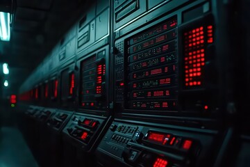 Fototapeta premium High-tech server room with illuminated control panels and dark atmosphere.