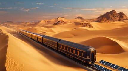 Luxury train traveling through a vast desert landscape under a clear blue sky.