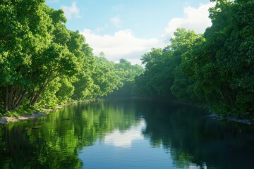 Lush green forest reflecting in calm river under bright blue sky.