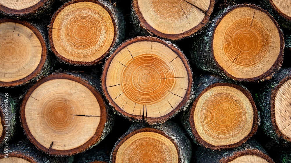 Poster detailed closeup of stacked round wooden logs with visible annual rings and natural pattern : genera