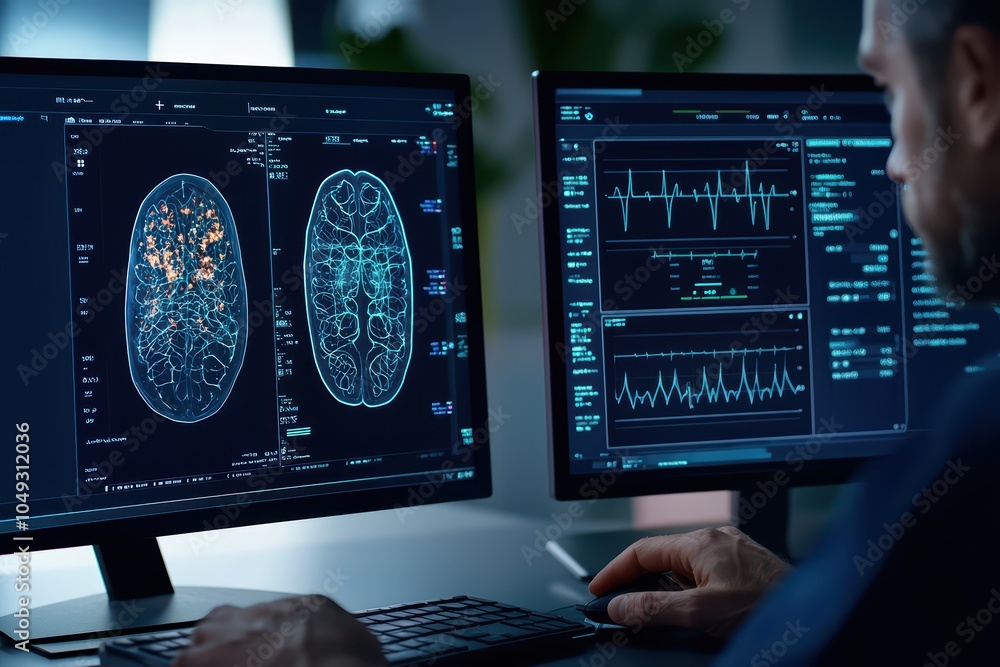 Poster man analyzing brain scans and medical data on dual monitors in a modern laboratory setting.