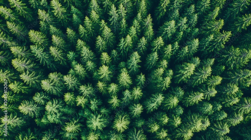 Poster aerial perspective of lush evergreen conifer pine forest showing density and natural landscape patte