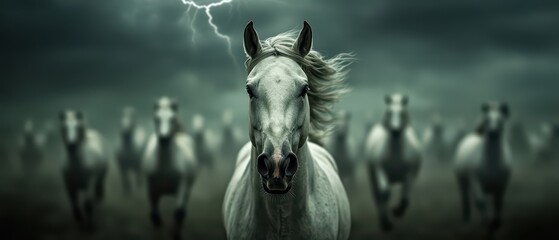 Obraz premium Majestic white horses galloping through a stormy landscape, showcasing power and grace against dark clouds.