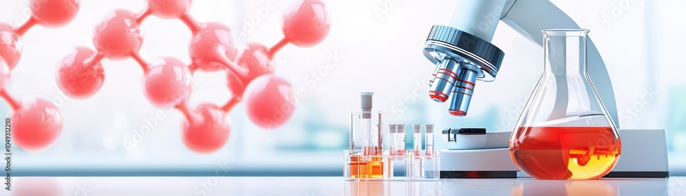 Poster microscope and chemical lab setup with colorful liquids on a bright background.