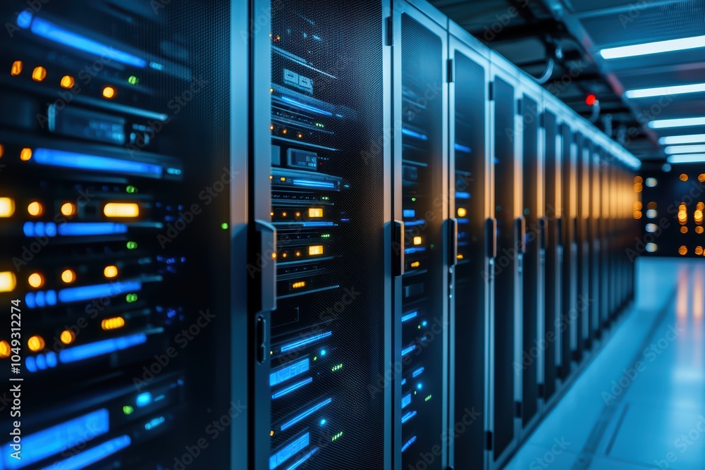 Poster modern data center with server racks and illuminated components.