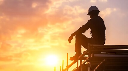 Obraz premium Silhouette of Construction Worker Reflecting on Work at Sunset on Scaffold : Generative AI