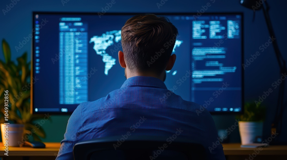 Poster person working on computer, programming in an office setting with a large screen in a dimly lit room