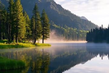 Fototapeta premium Serene lake surrounded by lush green trees and misty mountains at dawn.