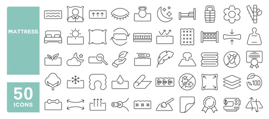 Set of 50 line icons related to mattress, bed, bedding, feather, pillow, comfort, cotton, cover, cushion, Editable stroke. Vector illustration