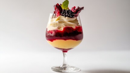 A playful depiction of a dragon fruit dessert, featuring layers of cream and fruit, elegantly served in a glass against a bright white surface