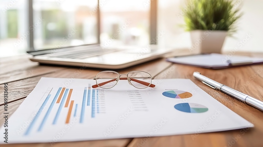 Poster Office workspace with eyeglasses and financial charts emphasizing business analysis : Generative AI