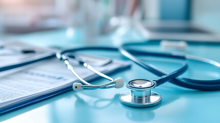 Closeup of medical stethoscope on desk in healthcare office : Generative AI