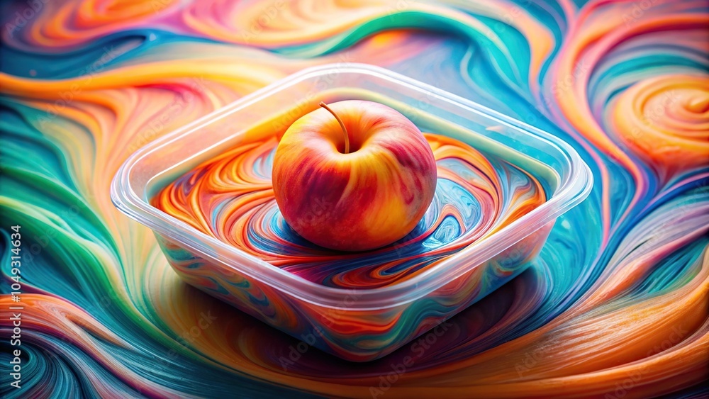 Poster a peach sitting in a container filled with a swirling mixture of colored slime, creating a psychedel