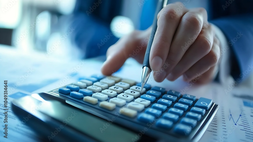 Poster business professional using calculator for financial data analysis : generative ai