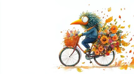 A playful drawing of a kiwi character riding a bicycle, surrounded by flowers, set against a bright white background for a cheerful touch