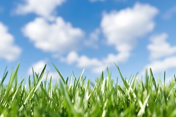 Obraz premium Vibrant Green Grass with Bright Blue Sky and Fluffy Clouds Capturing a Sunny Day : Generative AI