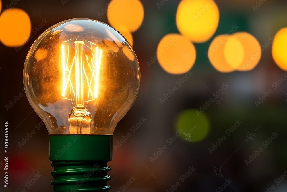 Poster Vintagestyle glowing light bulb with filament against blurred bokeh background in warm tones : Generative AI