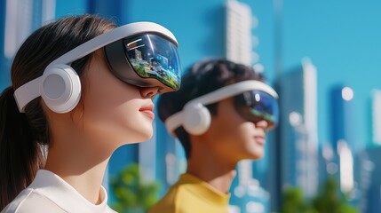 Naklejka premium Young individuals wearing VR headsets in a modern urban environment.