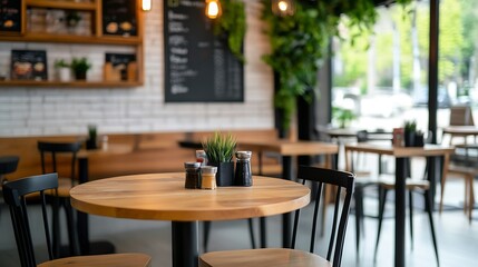 Fototapeta premium Contemporary Urban Cafe with Wooden Furniture and Lush Greenery : Generative AI