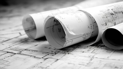 Rolled Architectural Blueprints on Detailed Technical Drawings : Generative AI