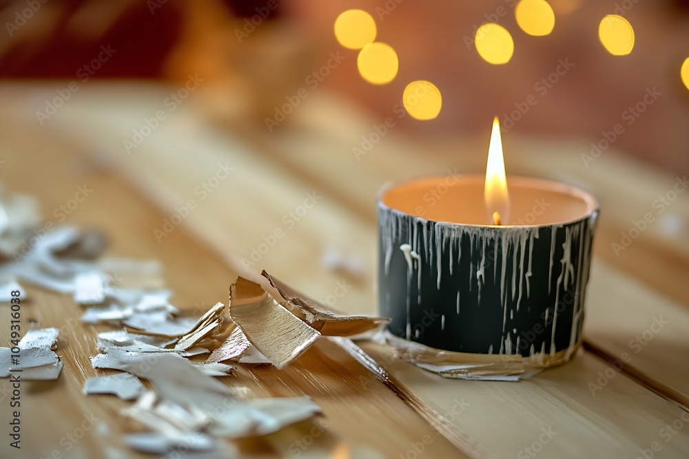 Poster minimalist candle with rustic peeling paint design on wooden surface : generative ai