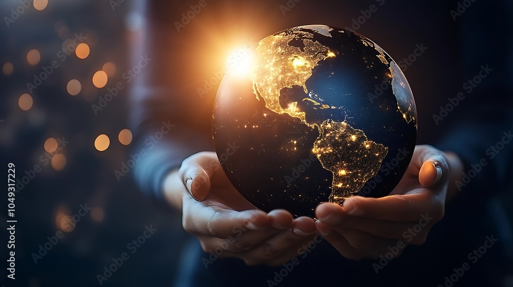 Poster hands holding illuminated earth at night representing technology connectivity and global networks : 