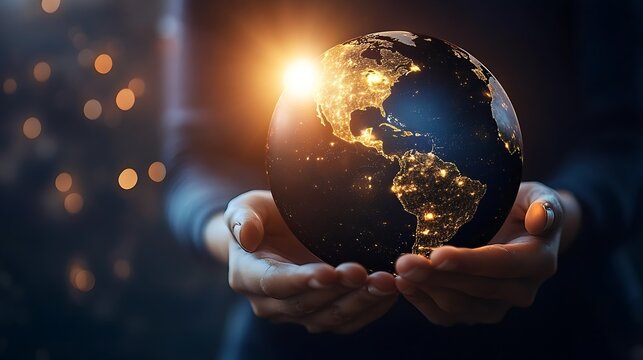 Hands Holding Illuminated Earth at Night Representing Technology Connectivity and Global Networks : Generative AI