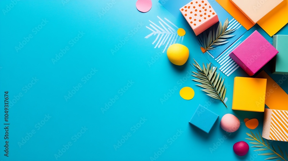 Poster Colorful Geometric Shapes and Patterns on Blue Background for Creative Design : Generative AI