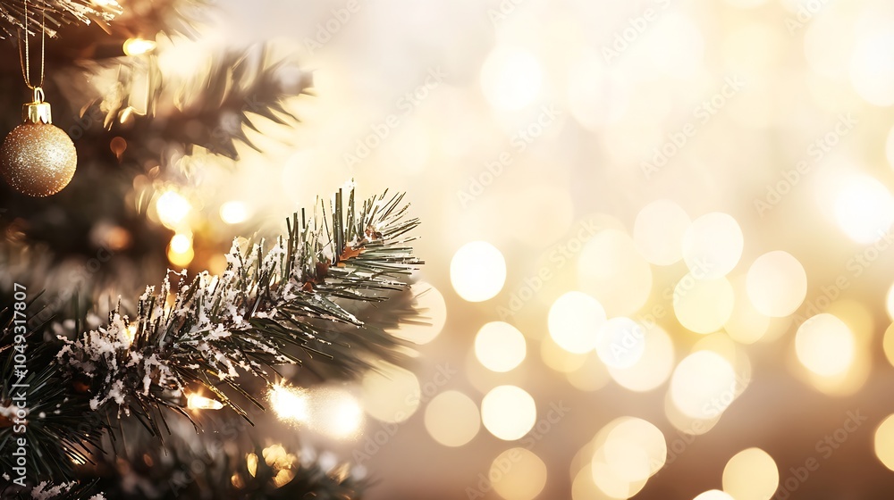Poster beautiful frosted christmas tree branches with soft golden light background : generative ai
