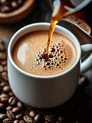 Freshly Brewed Coffee Pouring into Ceramic Cup Surrounded by Whole Coffee Beans : Generative AI