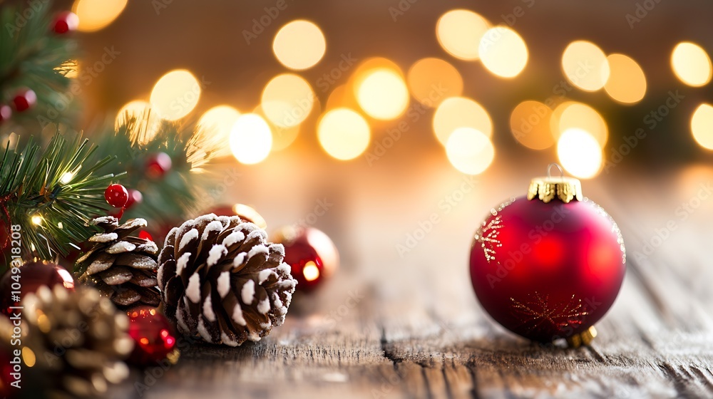Poster Rustic Christmas Setting with Red Bauble and Pinecones on Wooden Table with Warm Lights : Generative AI