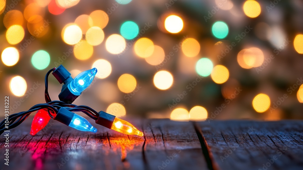 Aufkleber closeup of classic christmas lights with colorful bokeh background : generative ai