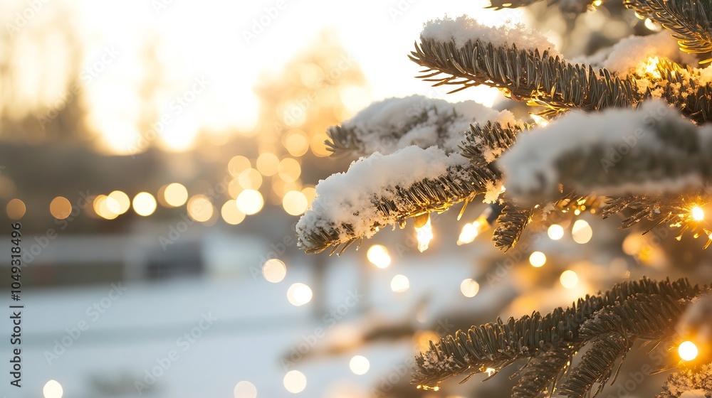 Poster snowkissed christmas tree branches with twinkling lights at dawn in winter wonderland : generative a