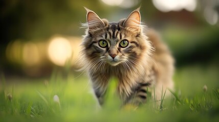 Majestic Longhaired Cat Walking Through Sunny Green Grass Outdoors : Generative AI