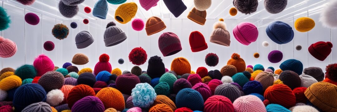 Floating colorful knitted hats and pom-poms in a clear space.