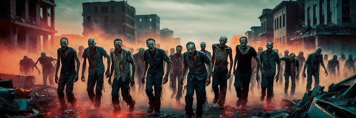 Apocalyptic street scene with zombies amid eerie, fiery haze.