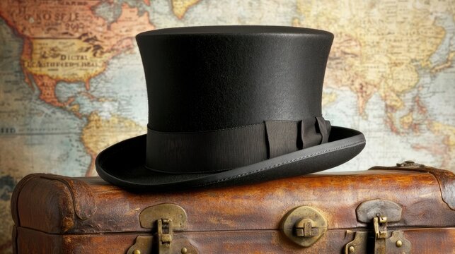 Elegant Black Top Hat on Vintage Suitcase
