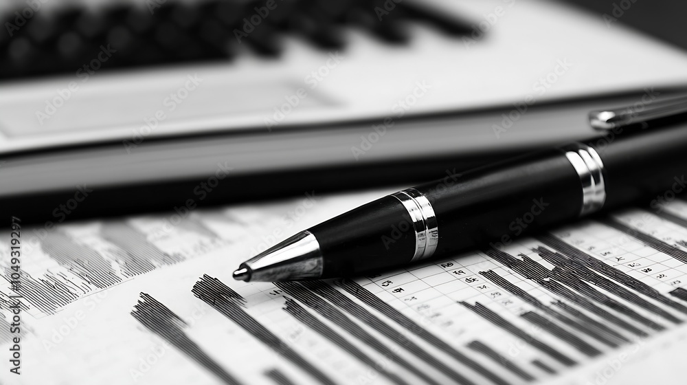 Poster pen and documents on desk indicating business analysis and financial assessment : generative ai