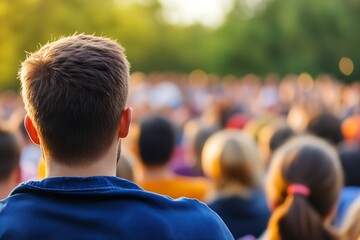 Fototapeta premium Back View of a Young Man Observing a Crowd at an Outdoor Public Event : Generative AI