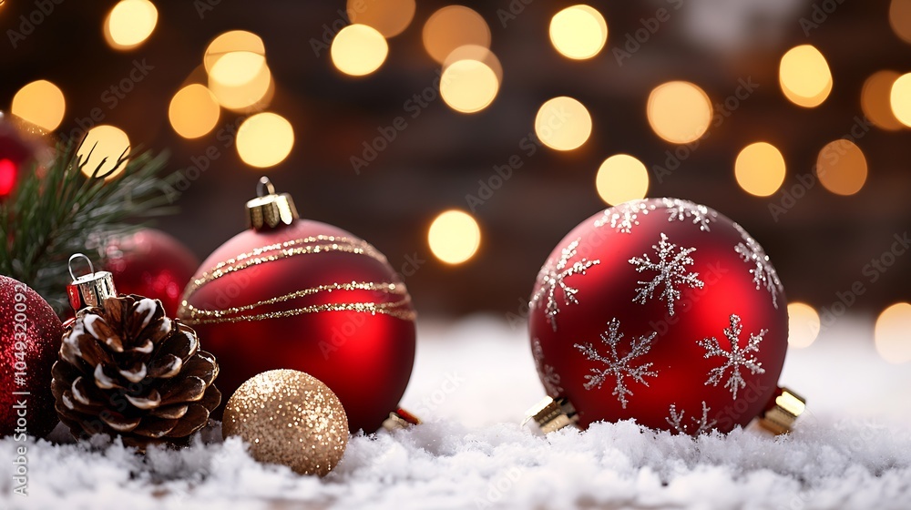 Poster red and gold christmas ornaments on snowy ground with bokeh lights : generative ai