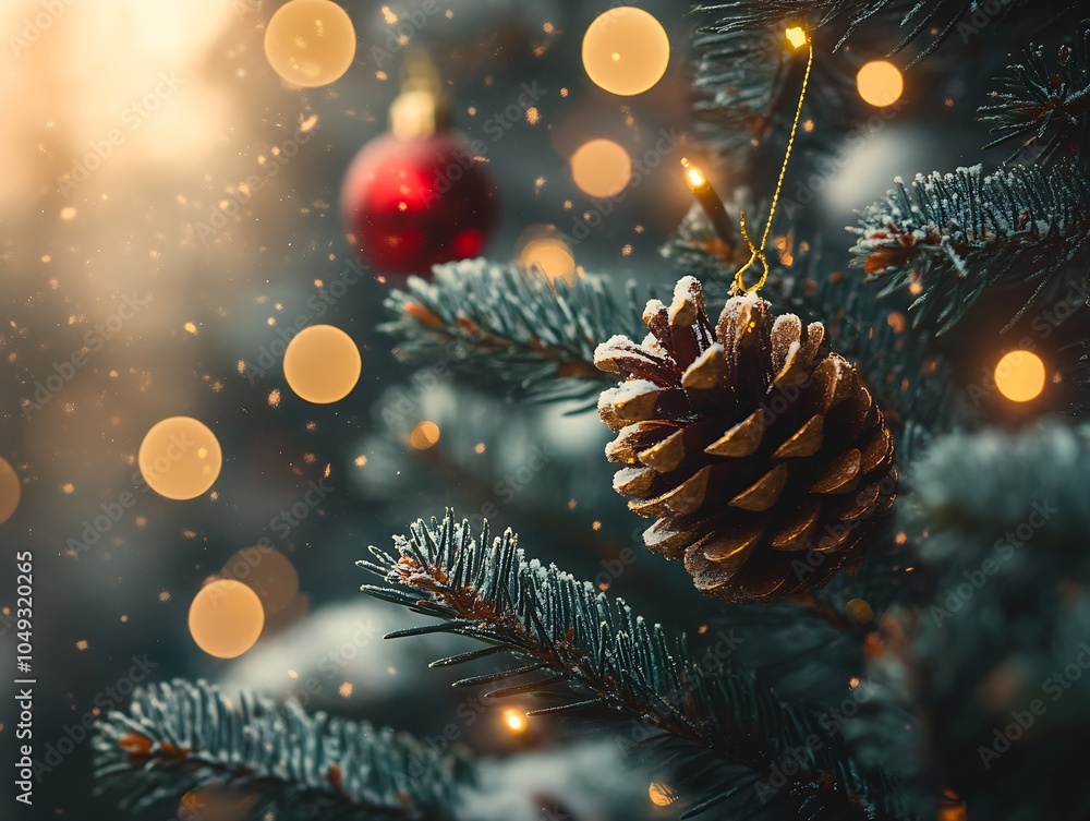 Poster winter pine branch with pine cone and red ornament amidst golden bokeh : generative ai