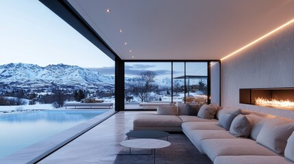 Fototapeta premium Modern luxury living room with scenic mountain view in winter landscape