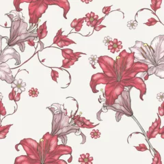 Gardinen Floral seamless pattern of red and white lilies, delicate vines, and small daisies. The flowers are drawn in a detailed, vintage style and are arranged on a light brown background © momosama
