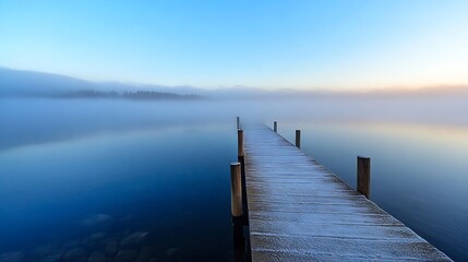 Obraz premium Lonely Pier Extending into Misty Lake at Peaceful Sunrise : Generative AI