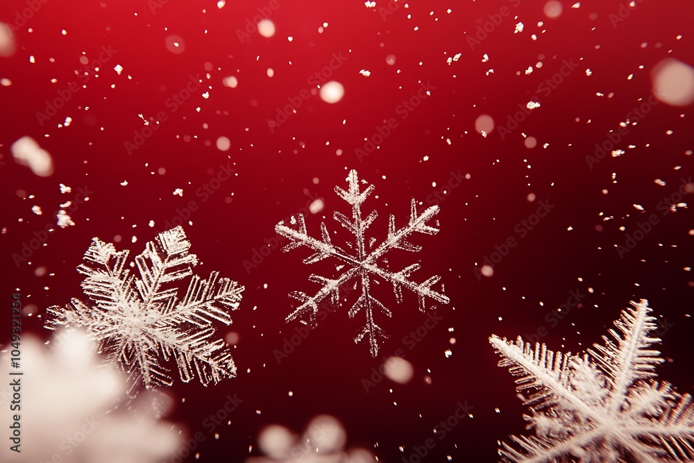 Poster intricate snowflakes against red background evoking a festive and wintry scene : generative ai
