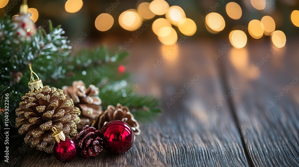 Poster rustic christmas display with red baubles golden pine cones and warm festive lighting : generative a